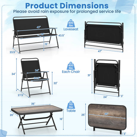 Juego de muebles plegables de patio de 4 piezas con mesa de centro de SPC y sillas de patio - Negro