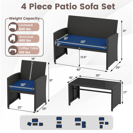 Juego de muebles de patio de 4 piezas con mesa de vidrio templado y cojines extraíbles