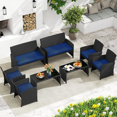 Juego de muebles de patio de 4 piezas con mesa de vidrio templado y cojines extraíbles