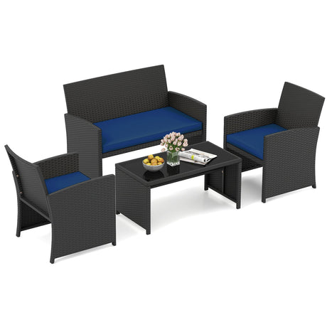 Juego de muebles de patio de 4 piezas con mesa de vidrio templado y cojines extraíbles
