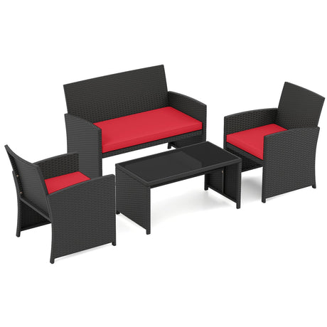 Juego de muebles de patio de 4 piezas con mesa de vidrio templado y cojines extraíbles
