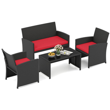 Juego de muebles de patio de 4 piezas con mesa de vidrio templado y cojines extraíbles