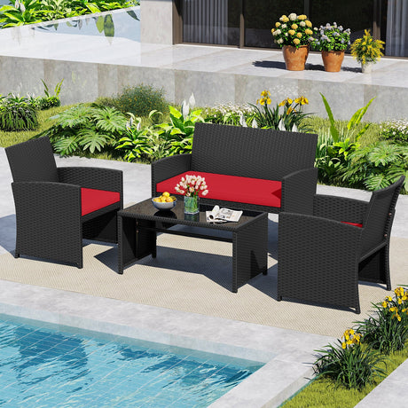 Juego de muebles de patio de 4 piezas con mesa de vidrio templado y cojines extraíbles