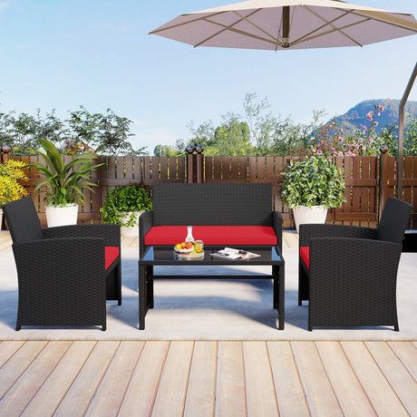 Juego de muebles de patio de 4 piezas con mesa de vidrio templado y cojines extraíbles