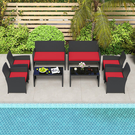 Juego de muebles de patio de 4 piezas con mesa de vidrio templado y cojines extraíbles
