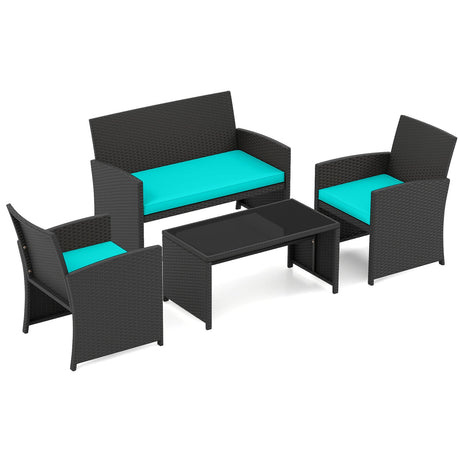 Juego de muebles de patio de 4 piezas con mesa de vidrio templado y cojines extraíbles