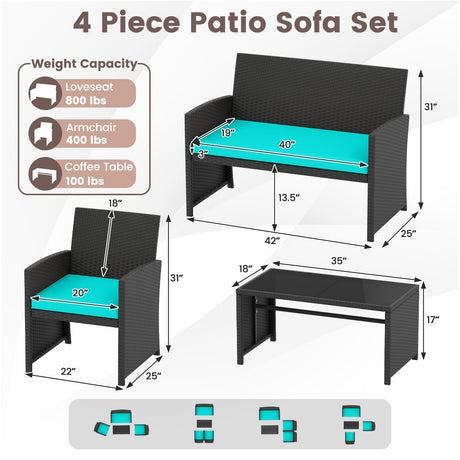Juego de muebles de patio de 4 piezas con mesa de vidrio templado y cojines extraíbles