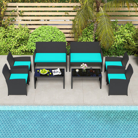 Juego de muebles de patio de 4 piezas con mesa de vidrio templado y cojines extraíbles