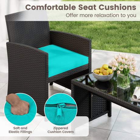 Juego de muebles de patio de 4 piezas con mesa de vidrio templado y cojines extraíbles