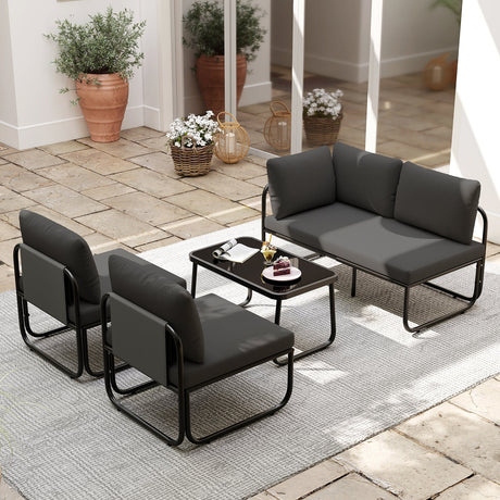 Juego de muebles de patio de 4 piezas con cojines y mesa de centro - Gris