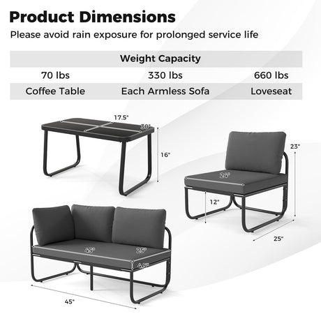 Juego de muebles de patio de 4 piezas con cojines y mesa de centro - Gris