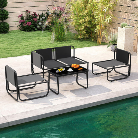 Juego de muebles de patio de 4 piezas con cojines y mesa de centro - Gris