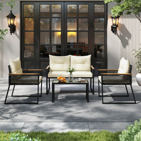 Juego de 4 Muebles de Patio, Juego de Conversación para Exteriores con Mesa de Centro de Vidrio Templado - Negro