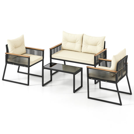 Juego de 4 Muebles de Patio, Juego de Conversación para Exteriores con Mesa de Centro de Vidrio Templado - Negro