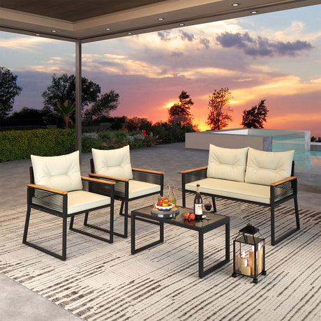 Juego de 4 Muebles de Patio, Juego de Conversación para Exteriores con Mesa de Centro de Vidrio Templado - Negro
