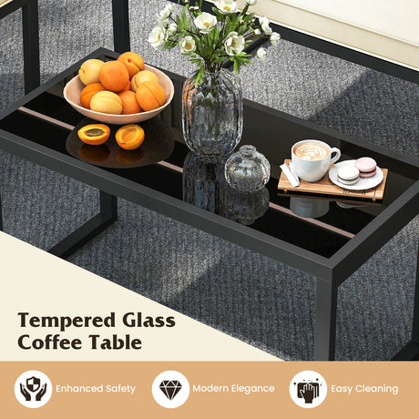 Juego de 4 Muebles de Patio, Juego de Conversación para Exteriores con Mesa de Centro de Vidrio Templado - Negro