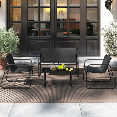 Juego de 4 piezas de muebles de patio con sillas de jardín de tela y sofá de dos plazas con mesa de centro de cristal