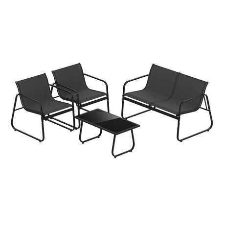 Juego de 4 piezas de muebles de patio con sillas de jardín de tela y sofá de dos plazas con mesa de centro de cristal