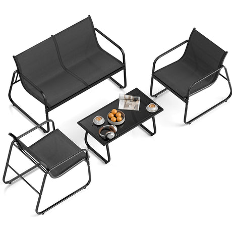 Juego de 4 piezas de muebles de patio con sillas de jardín de tela y sofá de dos plazas con mesa de centro de cristal