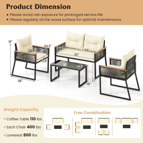 Juego de 4 Muebles de Patio, Juego de Conversación para Exteriores con Mesa de Centro de Vidrio Templado - Negro