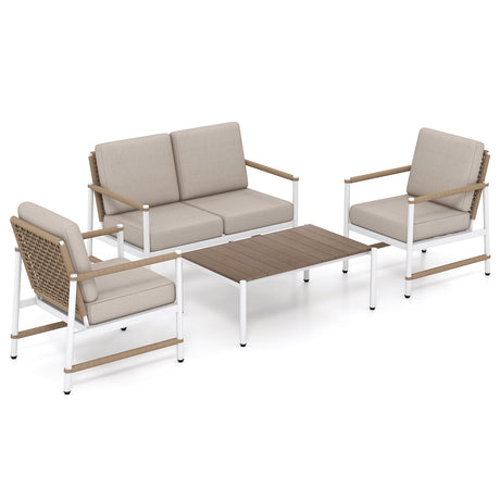 Juego de muebles de patio de 4 piezas con cojines gruesos y una mesa de centro - Gris