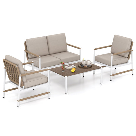 Juego de muebles de patio de 4 piezas con cojines gruesos y una mesa de centro - Gris