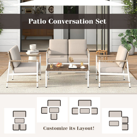 Juego de muebles de patio de 4 piezas con cojines gruesos y una mesa de centro - Gris