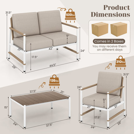 Juego de muebles de patio de 4 piezas con cojines gruesos y una mesa de centro - Gris