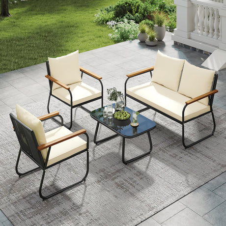 Juego de 4 Muebles de Patio con Mesa de Centro de Cristal Templado