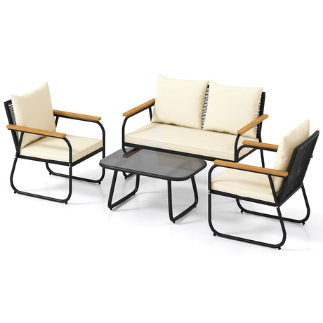 Juego de 4 Muebles de Patio con Mesa de Centro de Cristal Templado