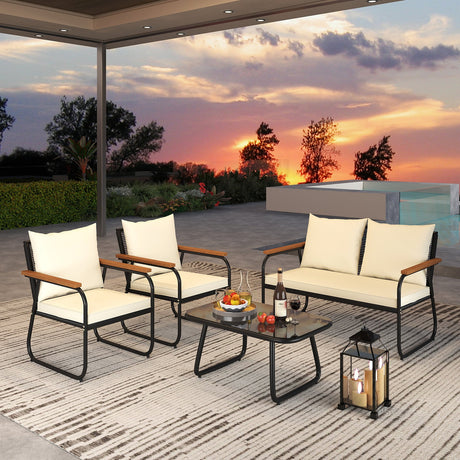 Juego de 4 Muebles de Patio con Mesa de Centro de Cristal Templado