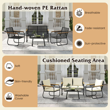 Juego de 4 Muebles de Patio con Mesa de Centro de Cristal Templado