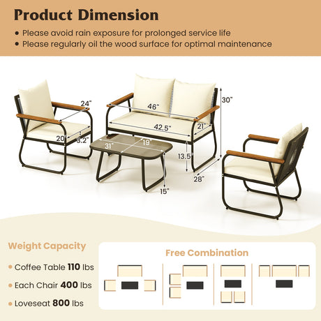Juego de 4 Muebles de Patio con Mesa de Centro de Cristal Templado