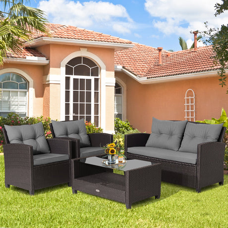 Juego de muebles de ratán para patio de 4 piezas con mesa de centro con tapa de cristal - Gris