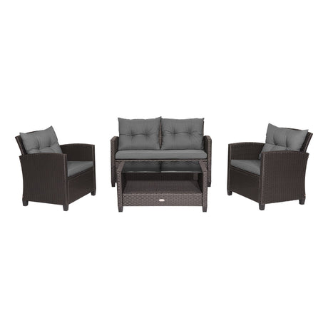 Juego de muebles de ratán para patio de 4 piezas con mesa de centro con tapa de cristal - Gris