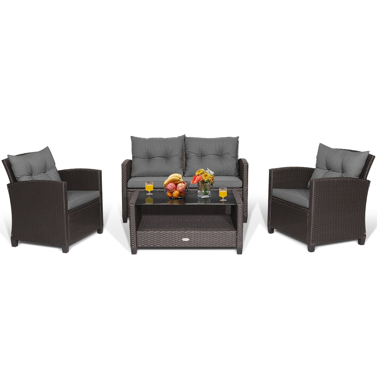 4 Pieces Patio Rattan Conversation Furniture Set with Glass Top Coffee Table-Gray
