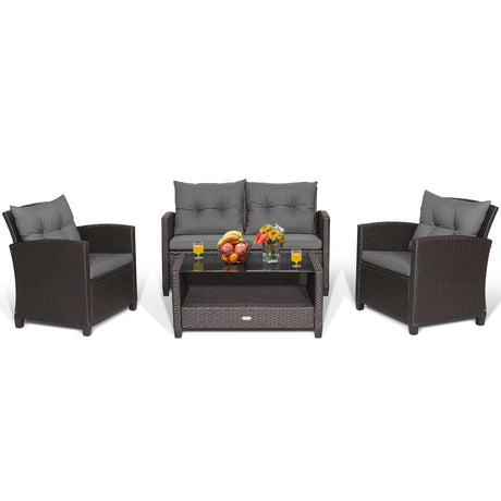 Juego de muebles de ratán para patio de 4 piezas con mesa de centro con tapa de cristal - Gris