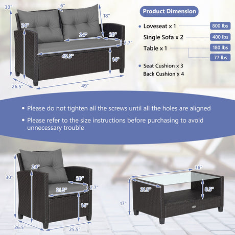 Juego de muebles de ratán para patio de 4 piezas con mesa de centro con tapa de cristal - Gris
