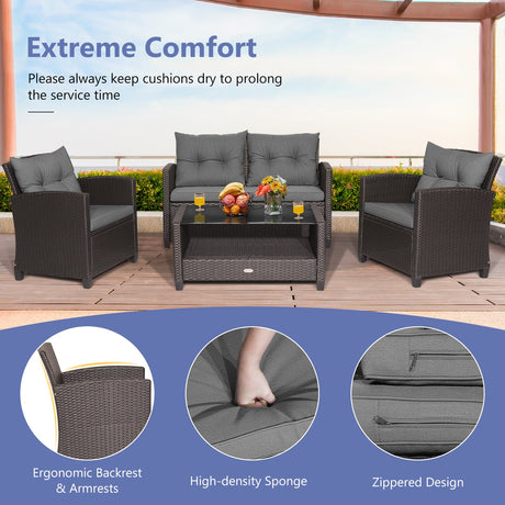 Juego de muebles de ratán para patio de 4 piezas con mesa de centro con tapa de cristal - Gris