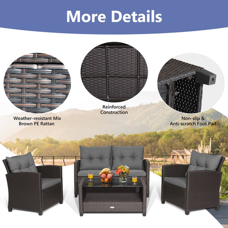 Juego de muebles de ratán para patio de 4 piezas con mesa de centro con tapa de cristal - Gris