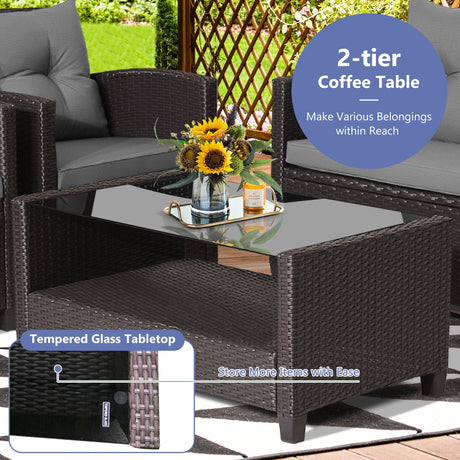 Juego de muebles de ratán para patio de 4 piezas con mesa de centro con tapa de cristal - Gris