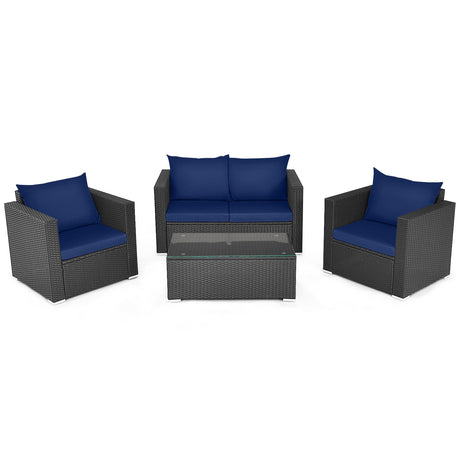 Juego de conversación de ratán para patio de 4 piezas con cojines y mesa de centro - Negro