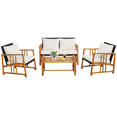 Juego de conversación de ratán para patio de 4 piezas con cojines de asiento y respaldo - Blanco roto