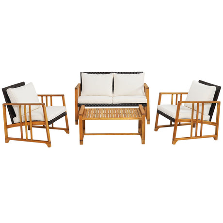Juego de conversación de ratán para patio de 4 piezas con cojines de asiento y respaldo - Blanco roto