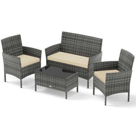 Juego de conversación de ratán para patio de 4 piezas con mesa de centro de vidrio templado