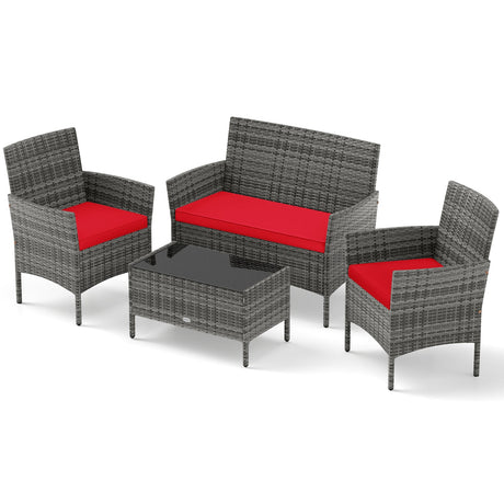 Juego de conversación de ratán para patio de 4 piezas con mesa de centro de vidrio templado