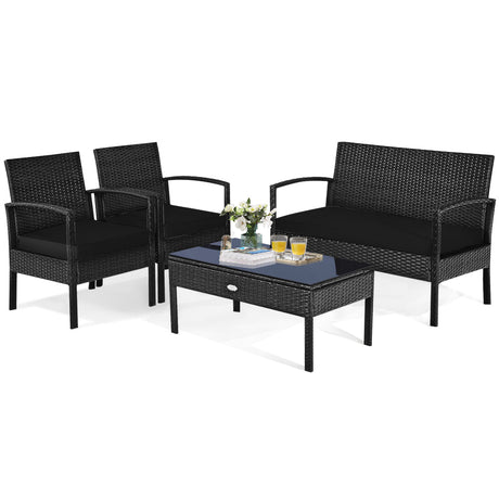 Juego de muebles de patio de ratán acolchado de 4 piezas