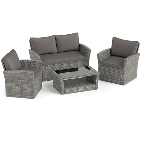 Juego de muebles de patio de ratán de 4 piezas, mesa de sofá con estante de almacenamiento y cojín