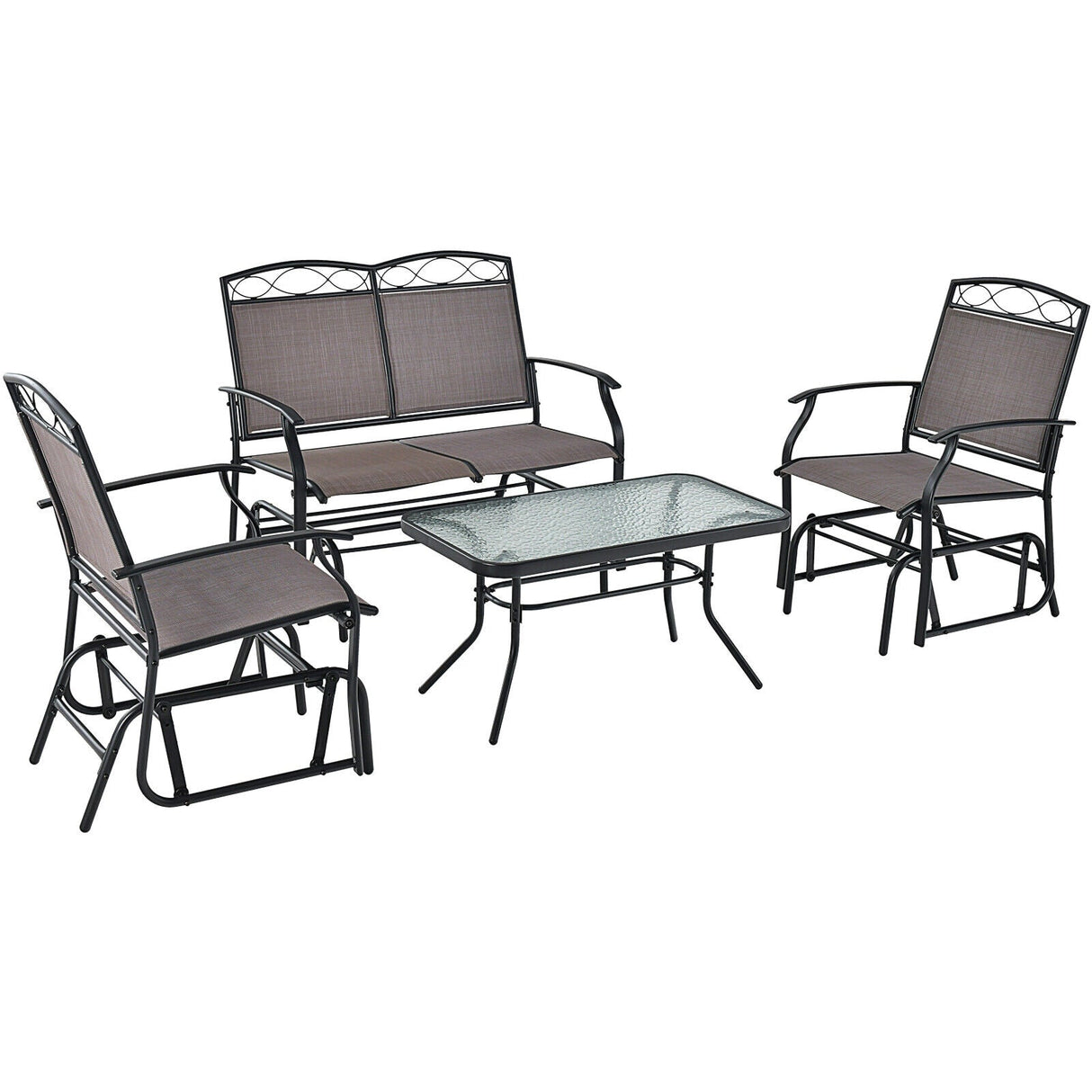 Set de conversación deslizante de patio de 4 piezas con mesa de centro de vidrio templado - Marrón