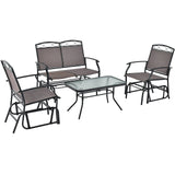 Set de conversación deslizante de patio de 4 piezas con mesa de centro de vidrio templado - Marrón